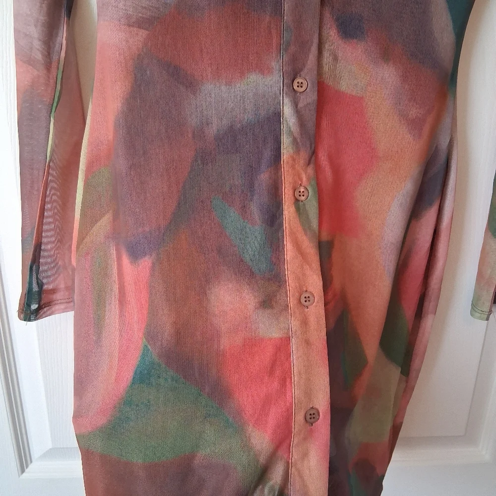 Fashionova Tied Died Mesh Button Down Long Sleeve Dress. Small NWT - Picture 5 of 9